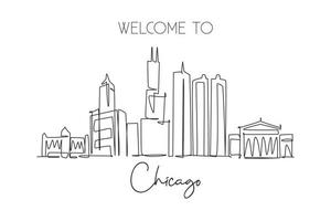 Single continuous line drawing of Chicago city skyline, USA. Famous city scraper and landscape. World travel concept home wall decor poster print art. Modern one line draw design vector illustration