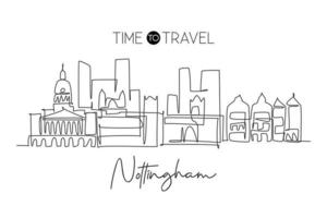 One continuous line drawing of Nottingham city skyline. Beautiful city skyscraper. World landscape tourism travel vacation home wall decor poster concept. Single line draw design vector illustration