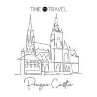 One single line drawing Prague Castle landmark. World famous iconic building in Czech Republic. Tourism travel postcard home wall decor poster concept. Continuous line draw design vector illustration