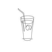 One continuous line drawing of fresh sweet soft drink on glass with ice cube logo emblem. Drinking cafe shop logotype template concept. Modern single line draw design graphic vector illustration