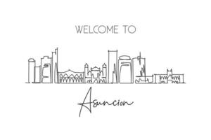 One continuous line drawing Asuncion city skyline, Paraguay. Beautiful landmark postcard. World landscape tourism travel vacation. Editable stylish stroke single line draw design vector illustration