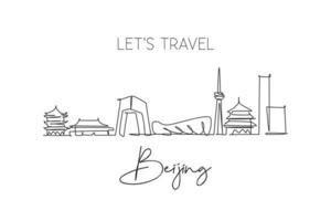 One continuous line drawing of Beijing city skyline, China. Beautiful landmark. World landscape tourism travel vacation poster art. Editable stylish stroke single line draw design vector illustration