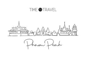 One continuous line drawing Phnom Penh city skyline, Cambodia. Beautiful landmark. World landscape tourism travel vacation poster. Editable stylish stroke single line draw design vector illustration