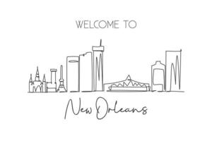 Single continuous line drawing New Orleans city skyline, Louisiana, USA. Famous city landscape. World travel concept home wall decor poster print art. Modern one line draw design vector illustration