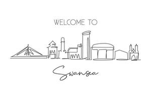 Single continuous line drawing of Swansea city skyline, United Kingdom. Famous city landscape. World travel concept home wall decor poster print art. Modern one line draw design vector illustration