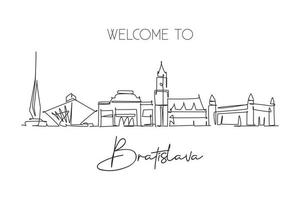 Single continuous line drawing of Bratislava city skyline Slovakia. Famous beauty city landscape. World travel concept home wall decor poster print art. Modern one line draw design vector illustration