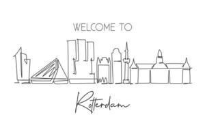 Single continuous line drawing of Rotterdam city skyline, Netherlands. Famous skyscraper landscape postcard. World travel wall decor poster art concept. Modern one line draw design vector illustration