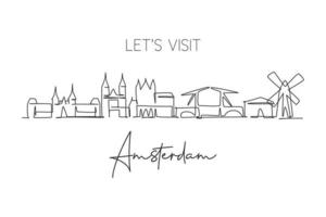 One single line drawing of Amsterdam city skyline, Netherlands. Historical skyscraper landscape in world. Best holiday destination wall decor poster. Continuous line draw design vector illustration