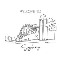 One continuous line drawing Sydney Harbour Bridge landmark. Great bridge in Australia. Holiday vacation tourism home wall decor poster print concept. Modern single line draw design vector illustration