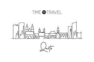 Single continuous line drawing of Quito city skyline, Ecuador. Famous city scraper and landscape. World travel destination concept. Editable stroke modern one line draw art design vector illustration