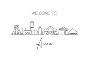 One single line drawing of Accra city skyline, Ghana. World historical town landscape home decor wall art poster print. Best holiday destination. Trendy continuous line draw design vector illustration