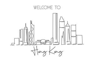 One single line drawing of Hong Kong city skyline, China. Historical town landscape home wall decor art poster print. Best holiday destination. Trendy continuous line draw design vector illustration