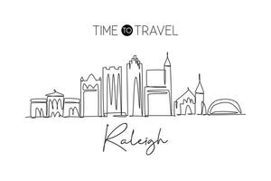 One continuous line drawing of Raleigh city skyline, USA. Beautiful landmark. World landscape tourism travel vacation poster print. Editable stylish stroke single line draw design vector illustration