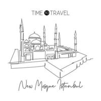 One continuous line drawing New Mosque landmark skyline masjid building landscape at Istanbul Turkey. Religious tour wall decor poster print concept. Trendy single line draw design vector illustration