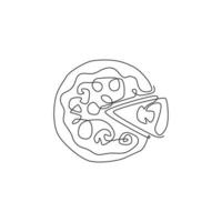 un dibujo de una sola línea de la ilustración de arte gráfico vectorial del logotipo de la pizzería italiana fresca. Menú de cafetería de pizza de comida rápida y concepto de placa de restaurante. diseño de dibujo de línea continua moderna logotipo de comida callejera vector