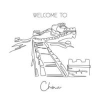 Single continuous line drawing Great Wall of Badaling landmark. Beauty famous place in Beijing, China. World wall decor home art poster print travel concept. One line draw design vector illustration