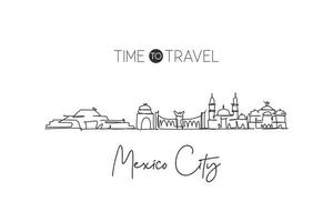 One single line drawing of Mexico city skyline, Mexico. World historical town landscape. Best place holiday destination home decor poster print. Trendy continuous line draw design vector illustration