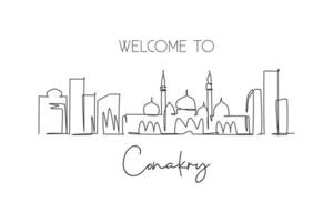 One single line drawing of Conakry city skyline, Guinea. Historical place landscape in world postcard print. Best holiday destination. Trendy continuous line draw design vector graphic illustration