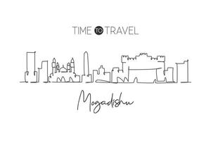 Single continuous line drawing of Mogadishu city skyline, Somalia. Famous city scraper and landscape wall decor poster print art. World travel concept. Modern one line draw design vector illustration