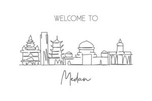 dibujo de una sola línea continua del horizonte de la ciudad de medan, indonesia. raspador de ciudad famosa e impresión de postal de paisaje. concepto de viaje mundial. ilustración vectorial de diseño de dibujo de una línea moderna de trazo editable vector