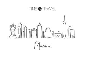 Single continuous line drawing of Macau city skyline, China. Famous city scraper and landscape home wall decor art poster print. World travel concept. Modern one line draw design vector illustration