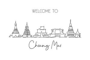 Single continuous line drawing of Chiang Mai city skyline, Thailand. Famous city landscape. World travel concept home wall decor poster print art. Modern one line draw design vector illustration