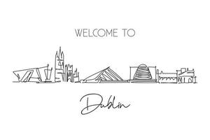 One continuous line drawing of Dublin city skyline, Republic of Ireland. Beautiful landmark. World landscape tour travel vacation wall decor poster. Stylish single line draw design vector illustration