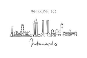 One continuous line drawing of Indianapolis city skyline, United States. Beautiful landmark. World landscape tourism travel poster. Editable stylish stroke single line draw design vector illustration