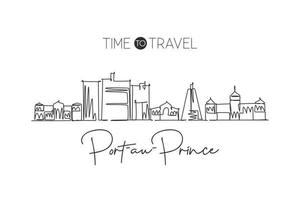 One continuous line drawing of Port au Prince city skyline, Haiti. Beautiful landmark home wall decor poster print. World landscape tourism travel vacation. Single line draw design vector illustration