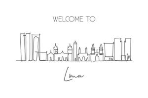 Single continuous line drawing of Lima city skyline, Peru. Famous city scraper landscape. World travel destination concept wall poster. Editable stroke modern one line draw design vector illustration