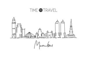 One single line drawing of Mumbai city skyline, India. Historical town landscape in the world. Best holiday destination. Editable stroke trendy continuous line draw design vector graphic illustration