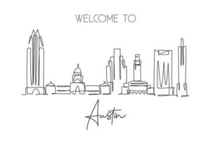 One single line drawing of Austin city skyline, United States. Historical town landscape in the world. Best holiday destination. Editable stroke trendy continuous line draw design vector illustration