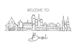 One single line drawing of Basel city skyline, Switzerland. Historical skyscraper landscape in world. Best holiday destination home wall decor. Trendy continuous line draw design vector illustration