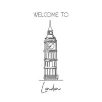 One continuous line drawing of welcome to Big Ben clock tower landmark. Beautiful iconic place in London. Home decor wall art poster print concept. Modern single line draw design vector illustration