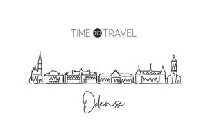 One continuous line drawing Odense city skyline, Denmark. Beautiful landmark home decor wall poster print. World landscape tourism travel vacation. Stylish single line draw design vector illustration
