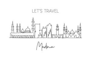 Single continuous line drawing Medina skyline Saudi Arabia. Famous city scraper landscape postcard print art. World travel destination concept. Modern one line draw design vector graphic illustration