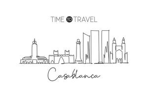 Single continuous line drawing of Casablanca city skyline Morocco. Famous city scraper and landscape in the world. World travel concept. Editable stroke modern one line draw design vector illustration