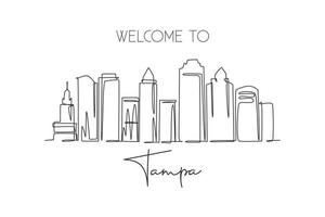 Single continuous line drawing of Tampa city skyline, USA. Famous city scraper and landscape. World travel concept home wall decor poster print art. Modern one line draw design vector illustration