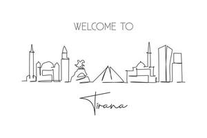 One continuous line drawing of Tirana city skyline, Albania. Beautiful landmark. World landscape tourism and travel vacation poster. Editable stylish stroke single line draw design vector illustration