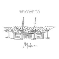 One single line drawing Masjid Al Nabawi landmark. Famous holy iconic in Medina Saudi Arab. Hajj umrah travel wall decor poster print concept. Modern continuous line draw design vector illustration