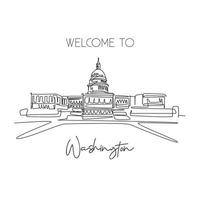 One single line drawing Capitol Hill landmark. World famous place in Washington DC, USA. Tourism travel postcard wall decor home art poster. Modern continuous line draw design vector illustration