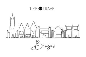 One continuous line drawing of Bruges city skyline, Belgium. Beautiful city skyscraper postcard. World landscape tourism travel wall decor poster. Stylish single line draw design vector illustration