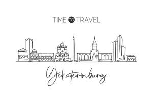 One single line drawing Yekaterinburg city skyline, Russia. World town landscape home wall decor poster print. Best place holiday destination. Trendy continuous line draw design vector illustration