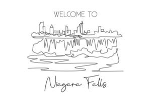 One continuous line drawing Niagara Falls skyline, Canada. Beautiful nature landmark postcard art. World landscape tourism travel vacation. Editable stroke single line draw design vector illustration