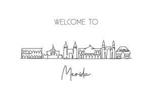 One continuous line drawing Merida city skyline, Mexico. Beautiful landmark postcard print. World landscape tourism travel vacation. Editable stylish stroke single line draw design vector illustration