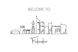 One single line drawing of Fukuoka city skyline, Japan. Historical town landscape in the world. Best holiday destination poster. Editable stroke trendy continuous line draw design vector illustration