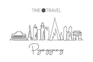 One continuous line drawing of Pyongyang city skyline, North Korea. Beautiful landmark. World landscape tourism and travel vacation. Editable stylish stroke single line draw design vector illustration