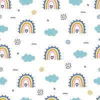 Seamless baby pattern rainbow with clouds on white background, hand drawn, designed in a cartoon style vector