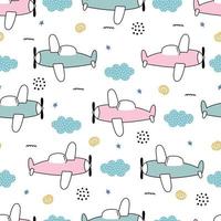 avión y nubes en el cielo bebé de patrones sin fisuras dibujado a mano lindo fondo de dibujos animados para niños vector