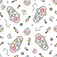 Space background illustration with rockets and stars hand drawn baby seamless vector pattern in cartoon style for print, wallpaper, decoration, fabric, textile